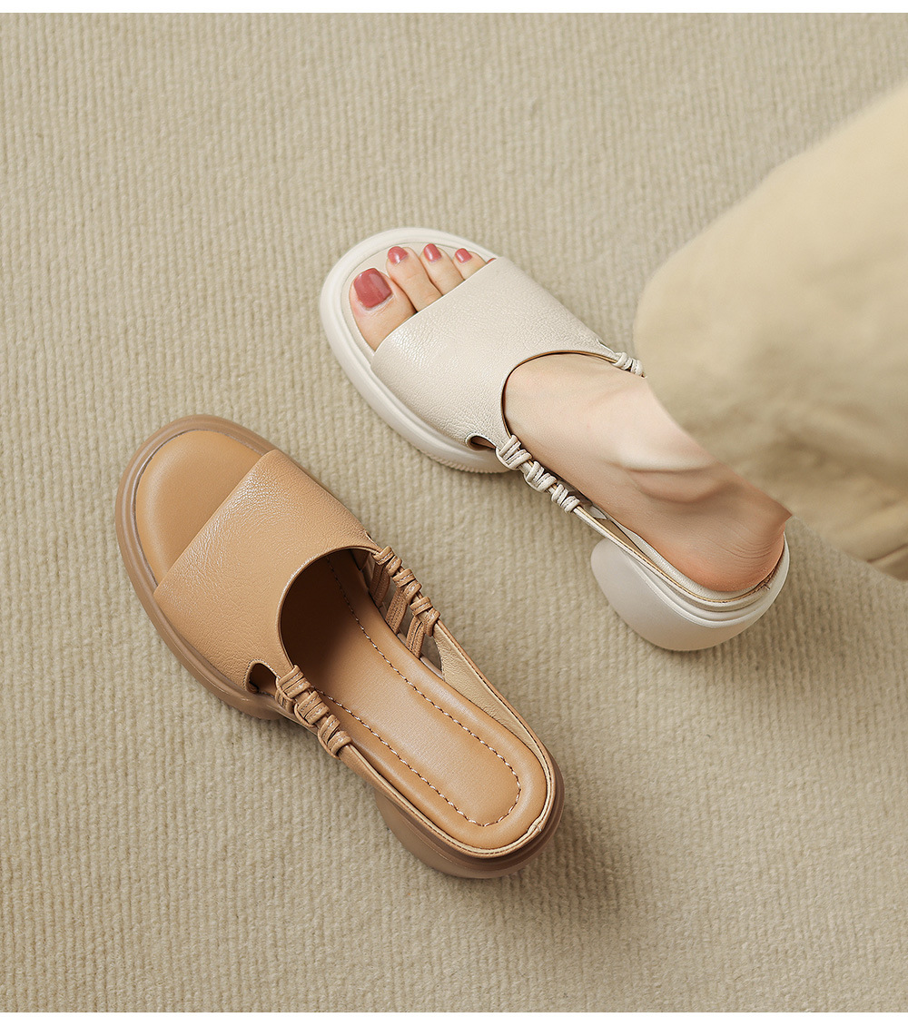 Sandal cao gót nữ da cừu siêu mềm, gót vuông, mũi hở, đế dày, quai ngang đan lưới — màu trắng ngà, màu mơ chi tiết 14