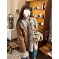 美拉德复古棕色毛茸茸外套女冬季2025新款感牛仔拼接毛毛上衣