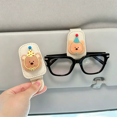 Car Glasses Clip/Bill Clip for Car Storage, Bear-Shaped - yellow-hat-green-hat-bear-rice-glasses-clip-2