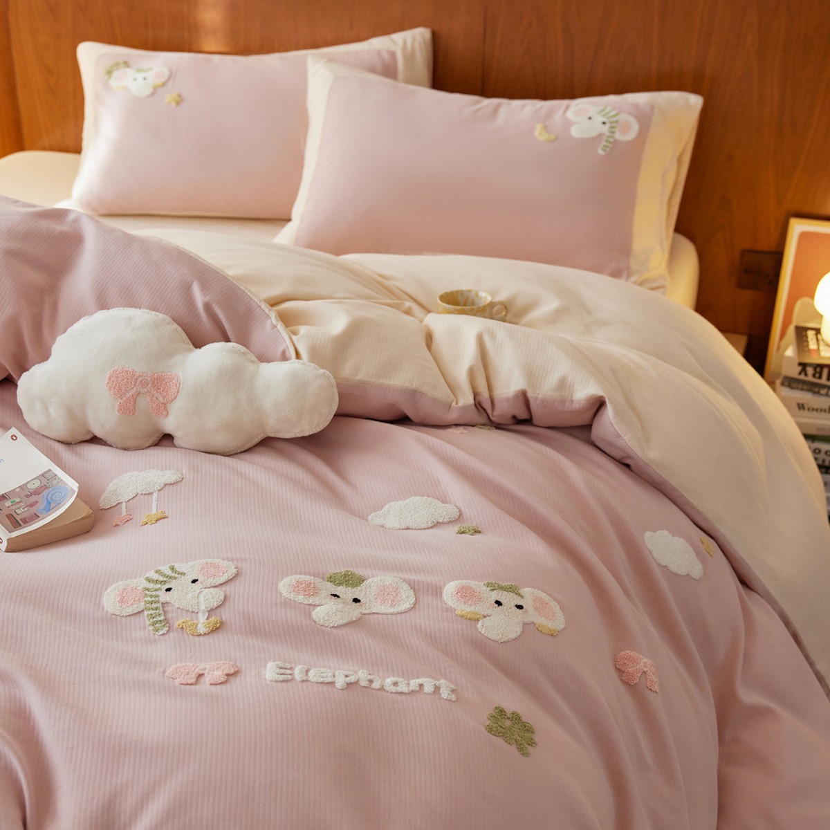 提花磨毛床上四件套纯棉全棉卡通毛巾绣a类儿童被套床单秋冬加厚9