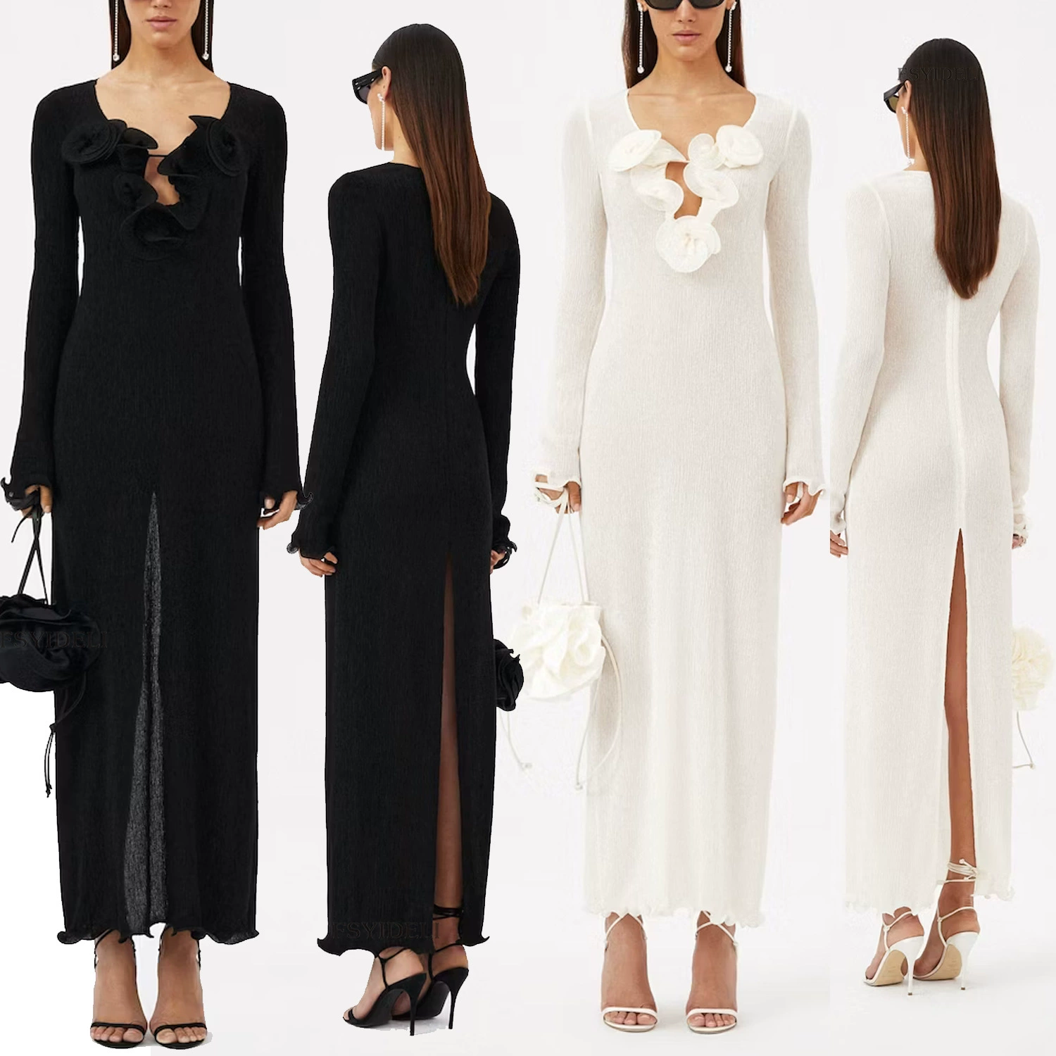 Европейская и американская внешняя торговля трехмерный цветочный орнамент V-образный вырез с длинными рукавами, сплошное платье, тонкое платье, длинное платье, женское SU3379