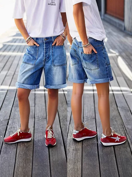 Cross-Border European and American Style Plus-Size Washed and Distressed Rolled Hem Patch Pocket Mid-Waist Straight-Leg Stretch Denim Shorts for Women