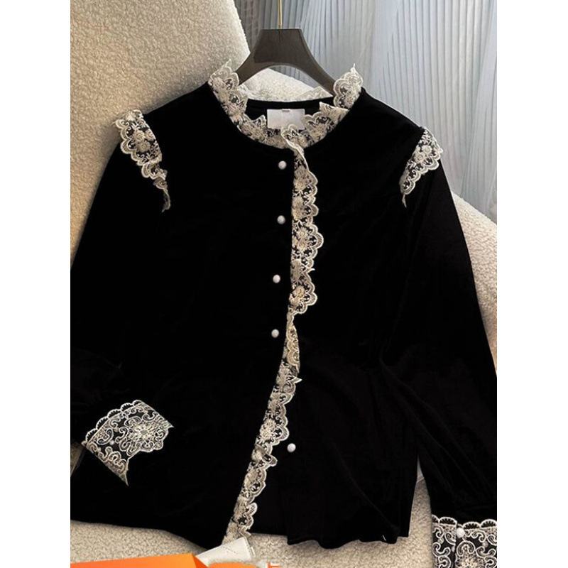French Style Chic Lace Stitching Single-breasted Long-sleeved Golden Velvet Shirt Women's Autumn and Winter New Sweet Chanel Style Top French Style Chic Lace Stitching Single-breasted Long-sleeved Golden Velvet Shirt Women's Autumn and Winter New Sweet Chanel Style Top
