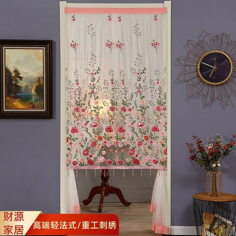 Four-Fold Pleated High-End Beaded Door Curtain, Long Partition Curtain for Home Use, Ambiance-Creating Sheer Curtain, No Drilling Required