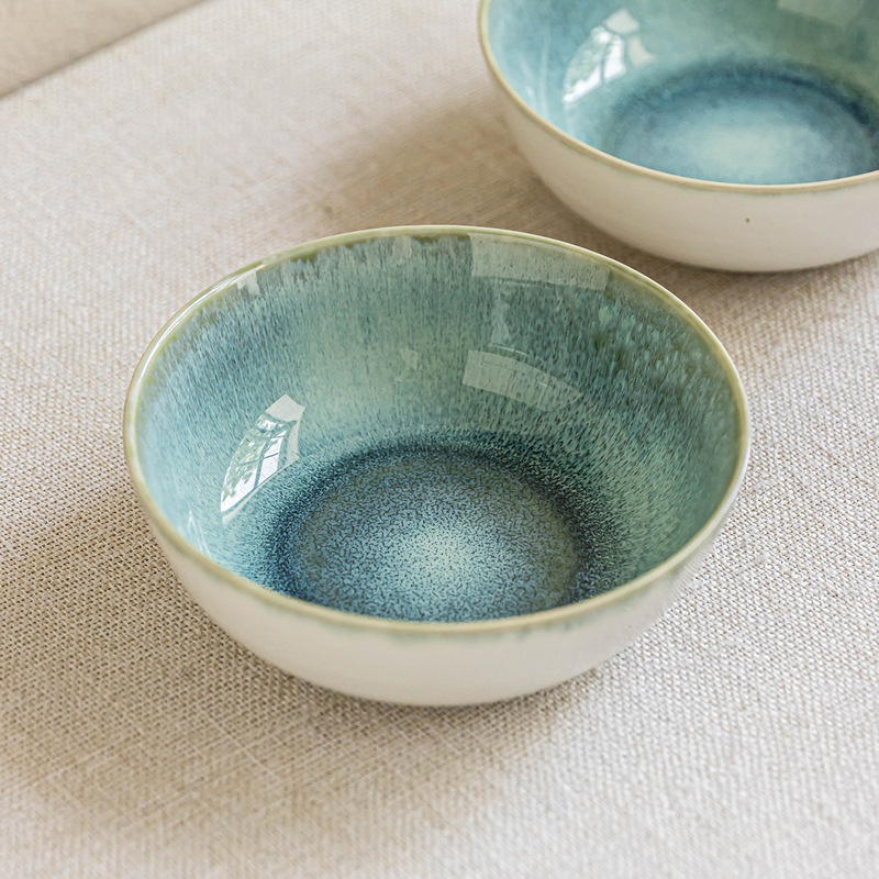 Kiln-Glazed Blue and White Ceramic Bowl Salad Bowl Household Dish Bowl Noodle Bowl Restaurant Simple Style Tableware Round Bowl Wholesale