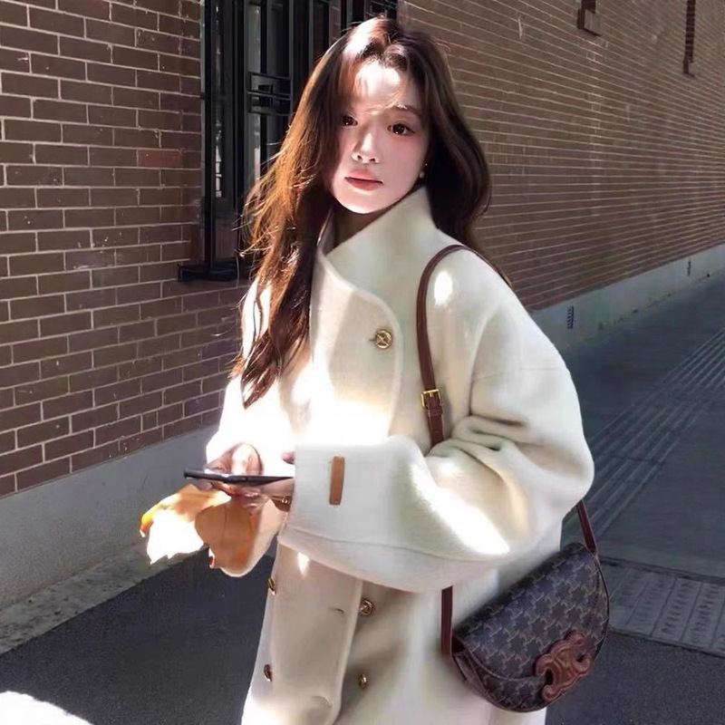 High-End Double-Sided Cashmere Outwear for Women, Medium-Length, Petite 2025 New Style Stand-Up Collar, Gentle and Loose Woolen Outwear