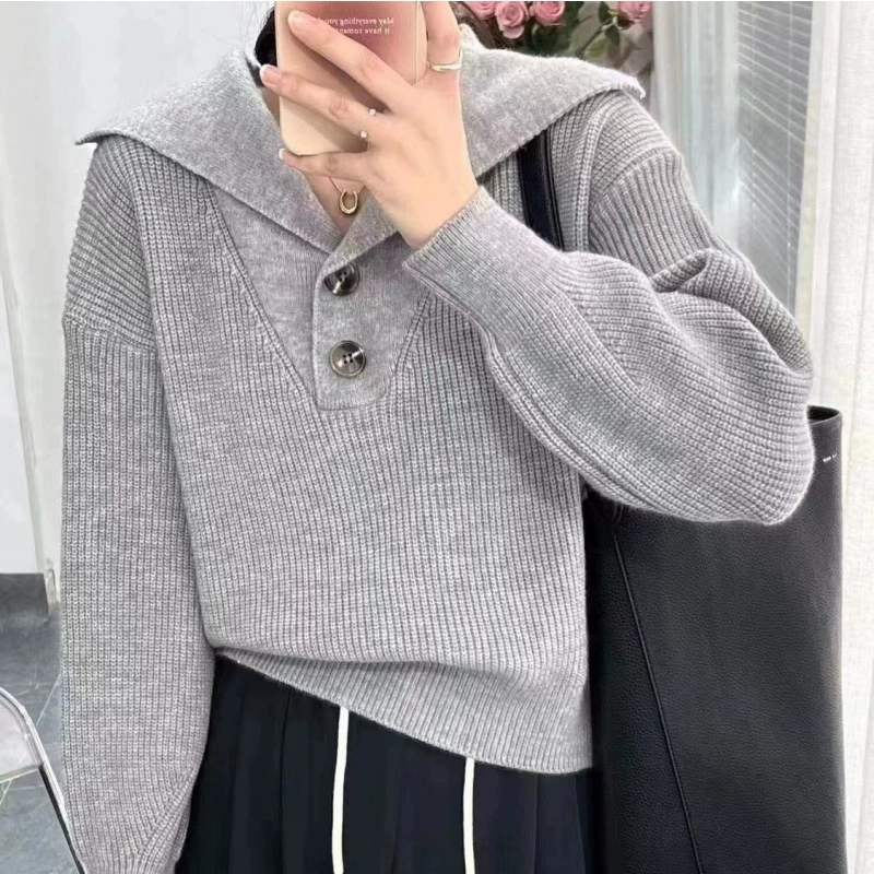 2023 осень и зима новый корейский стиль дизайн смысл Свободный вязаный свитер Топ Ленивый Стиль пуловер с большими лацканами свитер женский модный