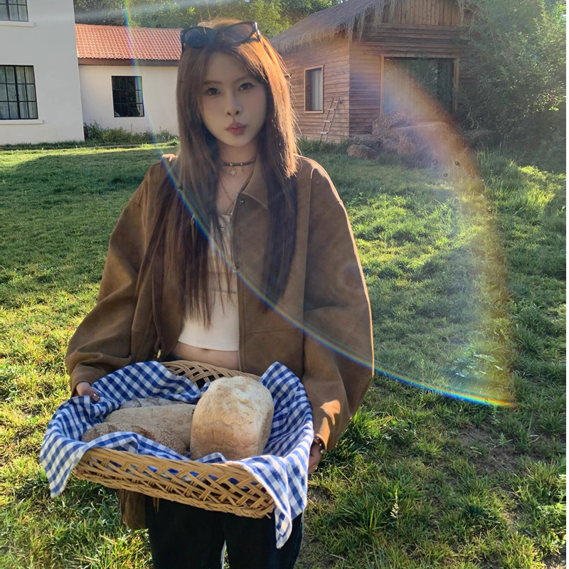 【原版雪花皮】美拉德复古麂皮绒外套女秋季宽松翻领休闲机车夹克|undefined