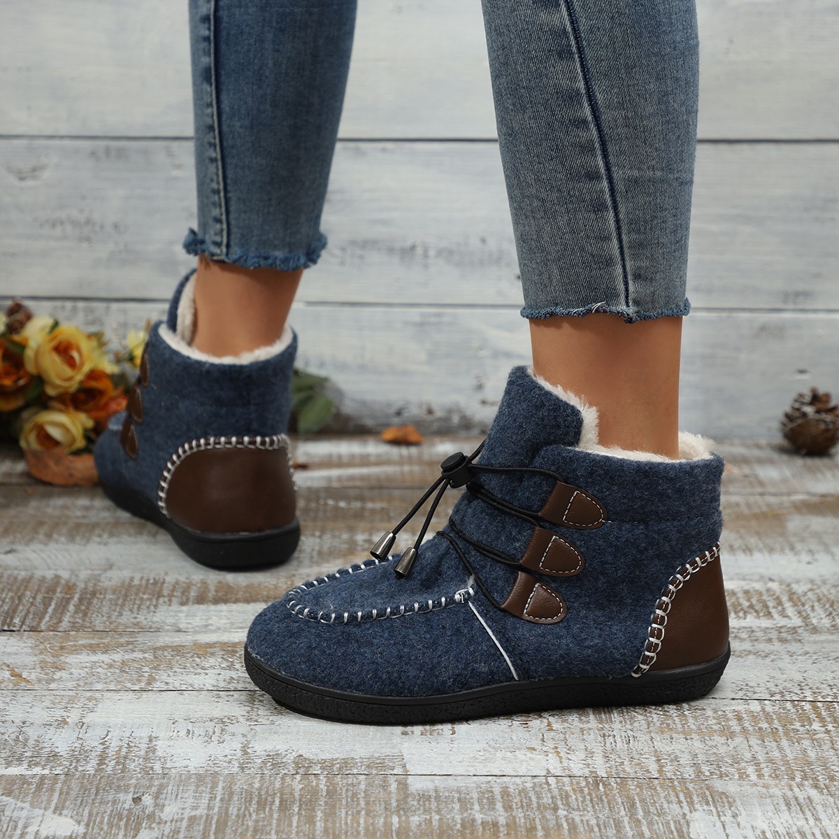 Large winter snow 2024 with plush flat bottom warm suede short boots drawstring women's cotton shoes_voghion.com