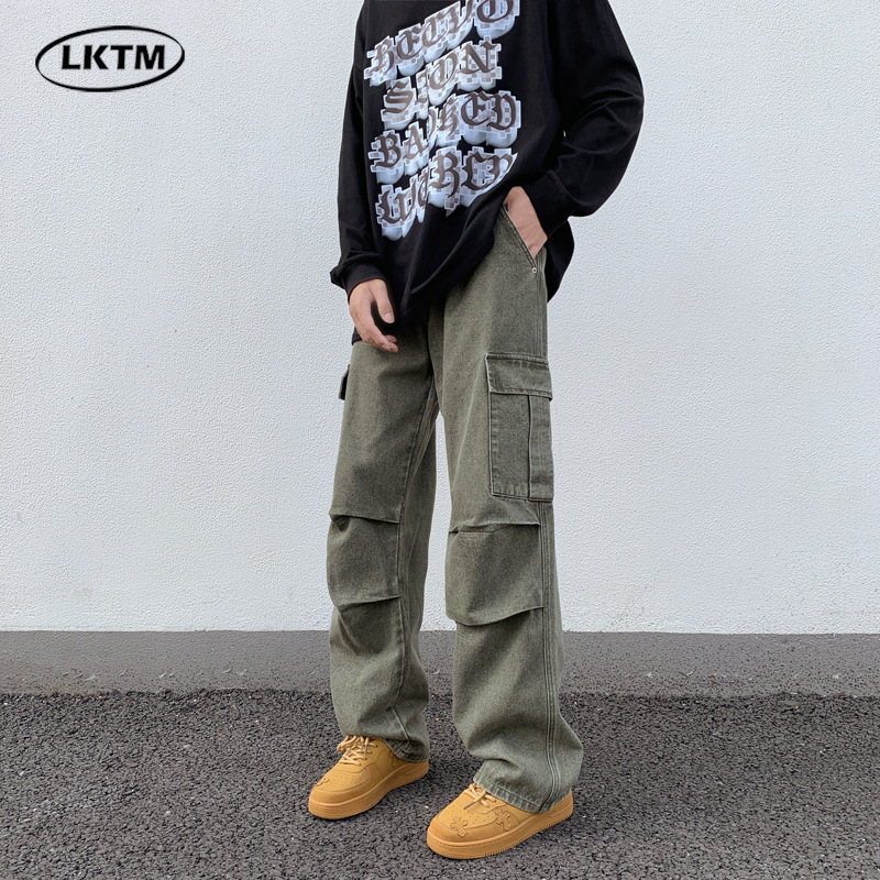 Lktm hombres # americano retro verde del ejército paracaidista trajes de los VIbe Loose straight casual Denim Pantalones