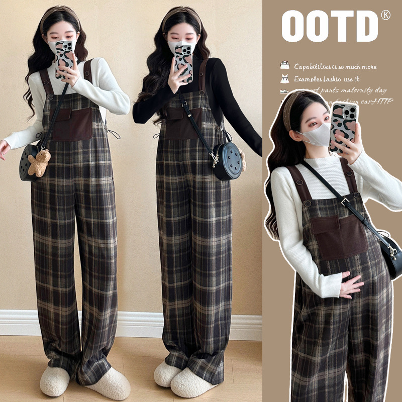 Maternity Autumn and Winter Clothing, Fleece-Lined and Thickened, 2025 New Style, Age-Reducing Fashion Plaid Overalls, Loose and Slimming Suspenders Long Pants Maternity Autumn and Winter Clothing, Fleece-Lined and Thickened, 2025 New Style, Age-Reducing Fashion Plaid Overalls, Loose and Slimming Suspenders Long Pants