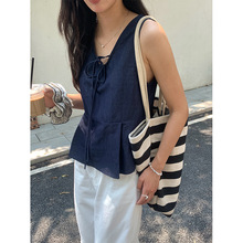 黄峥 V领前襟系带荷叶下摆无袖衬衫女2025夏款优雅休闲背心520358