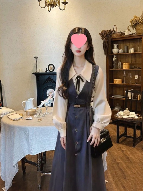 法式学院背心复古连衣裙长袖新款收腰气质衬衫减龄套装背带两件套|undefined