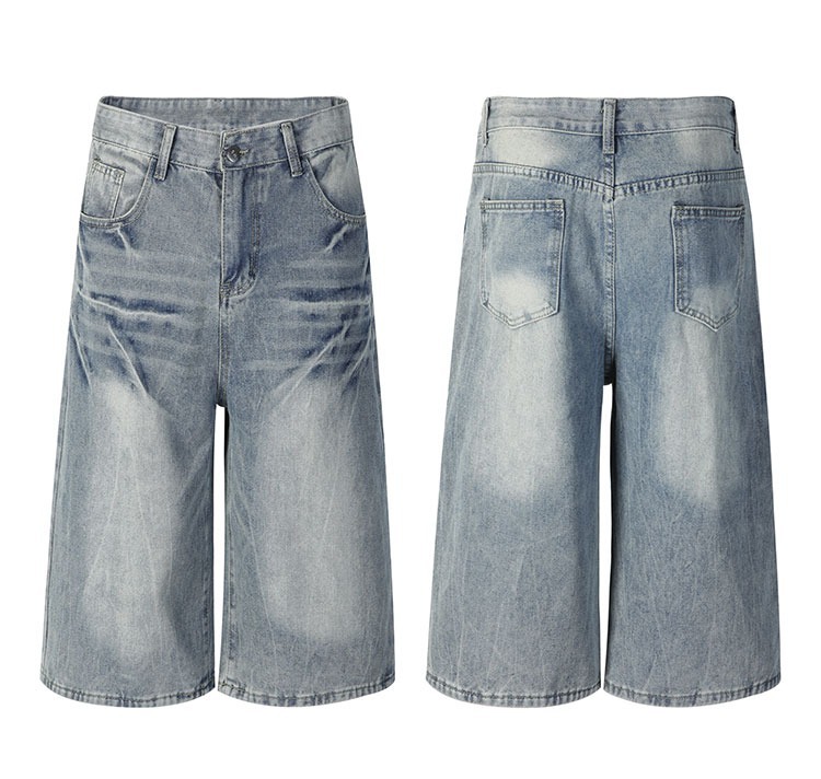 Unisex High-Street Loose Fit Cropped Jeans Lightning Bolt Washed Denim Shorts Blue M-3XL Soft Washed Denim_mkmklike.com