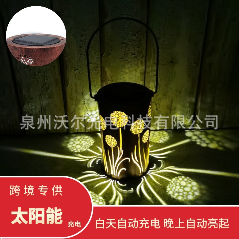 亚马逊跨境LED推荐 蒲公英镂空太阳能直筒灯笼IP65花园庭院装饰灯