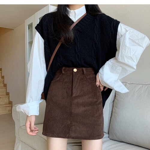 Simple and Versatile Autumn/Winter High-Waisted Slimming Corduroy Skirt for Girls and Women, Stylish A-Skirt