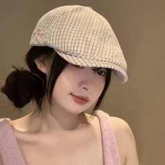 复古春新款粉色格纹贝雷帽女2025年反戴报童帽大头围百搭鸭舌帽子