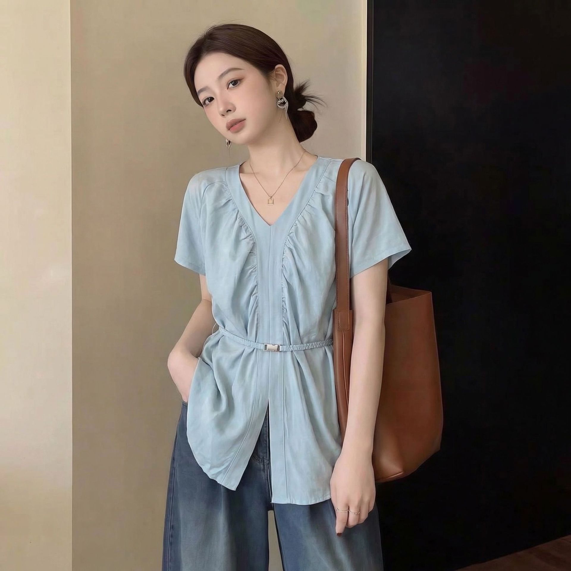 Áo sơ mi nữ cổ V tay ngắn phong cách Hàn Quốc đơn giản, chất liệu cotton thoáng mát — xanh lam chi tiết 4