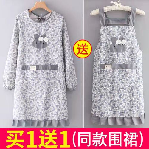 Bamboo Node Cotton Wear-resistant Breathable Apron Long Sleeve Cover-up Embroidery Pattern Large Pouch Workwear Kitchen Home Use Cooking Apron Waist Cover