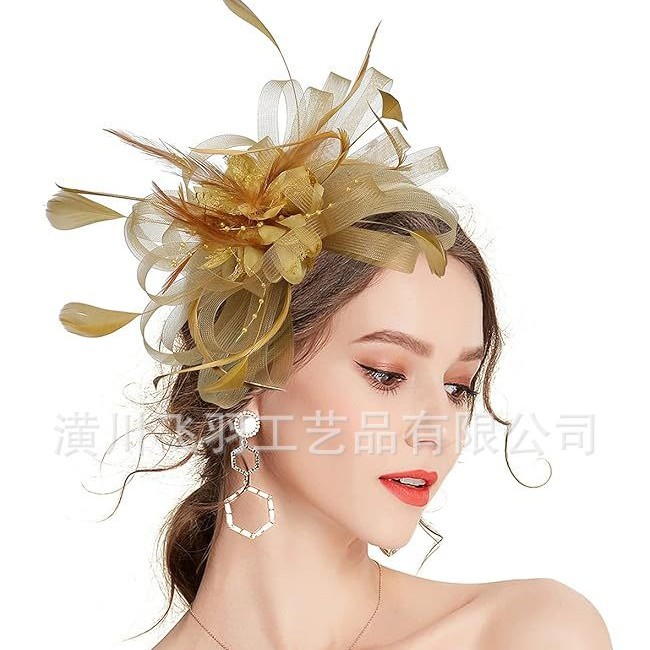 Cross-Border Bridal Head Flower Feather Headdress Small Hat Hairpin Hair Accessories Horse Racing Festival Performance Tea Party Mesh Hat Head Flower