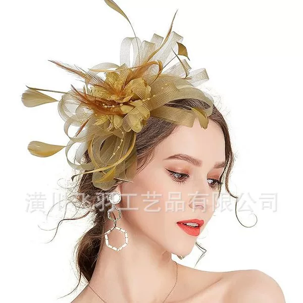 Cross-Border Bridal Head Flower Feather Headdress Small Hat Hairpin Hair Accessories Horse Racing Festival Performance Tea Party Mesh Hat Head Flower
