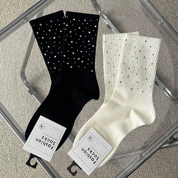 Full Diamond Double-Sided Crystal Socks Hot Drilling Heavy Industry Rhinestone high quality Cotton Socks Women's Fashionable Socks Decorative Socks Light Luxury European Goods