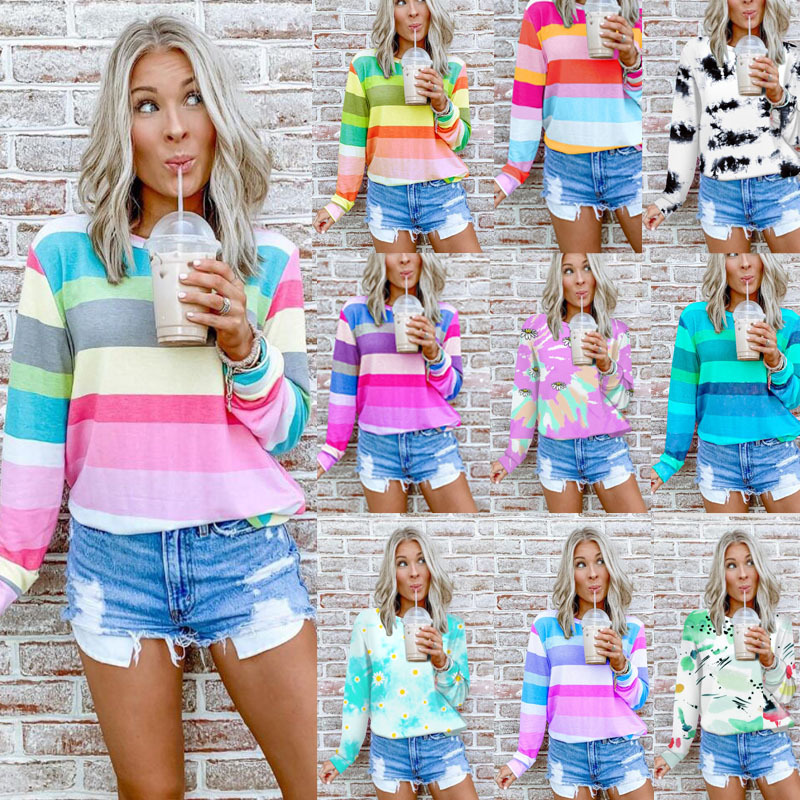 Cross-border 2021 Spring & Fall Fashion Printed Tie-dye Round Neck Long-sleeved Color Striped Tops Women's Sweatshirt Women's Clothing