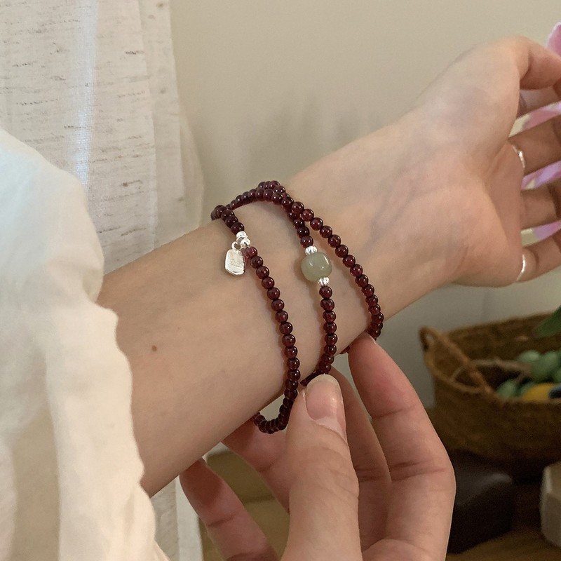 New Chinese Style S925 Sterling Silver Natural Garnet Fortune Pendant Three-Circle Bracelet for Women, Exquisite Niche Stackable Beaded Style