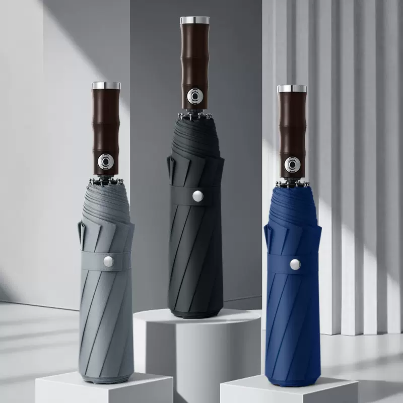 三折复古竹节木柄全自动雨伞大号加大加固加厚抗风暴大伞防晒防雨