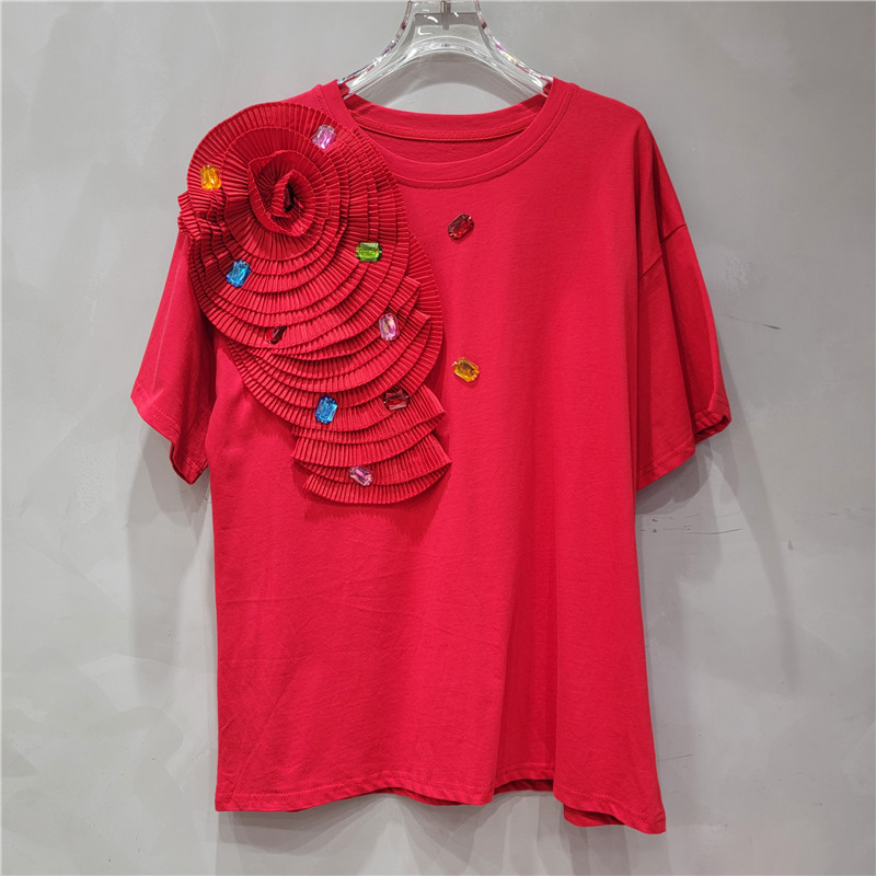 Verano coreano cuello redondo color sólido industria pesada flor mujer manga corta camiseta recta moda todo fósforo plisado suelto