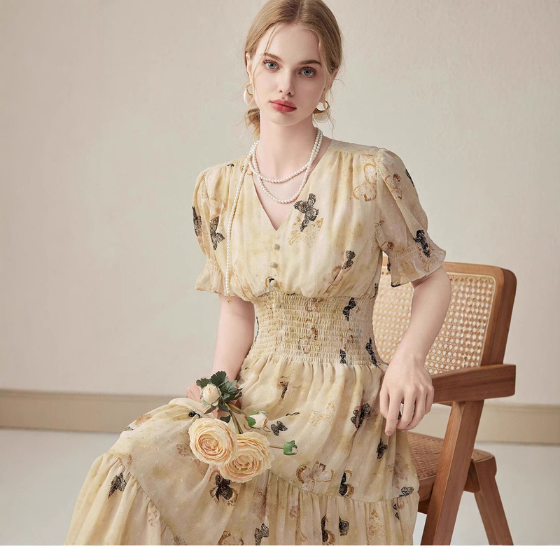 2025 Summer V Neck Puff Sleeve Chiffon Floral Dress Mid-Length High Waist Slim Fresh Sweet Princess Style