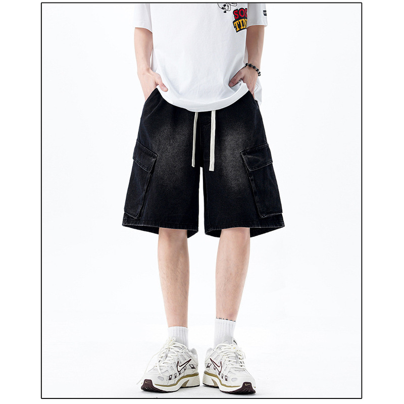 Shanggu Men's Summer New Heavy Washed Full Drawstring Elastic Waist Loose Cargo Denim Shorts Shanggu Men's Summer New Heavy Washed Full Drawstring Elastic Waist Loose Cargo Denim Shorts