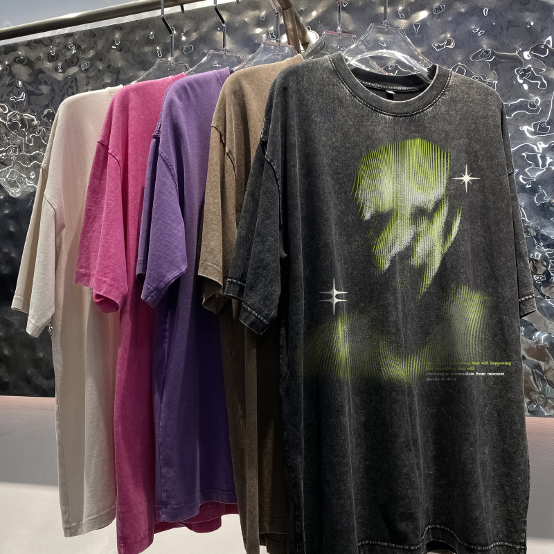 Trendy American Retro 230g Washed Vintage Half-Sleeve Printed T-Shirt for Men and Women, Loose Hip-Hop T-Shirt with Round Neck and Short Sleeves