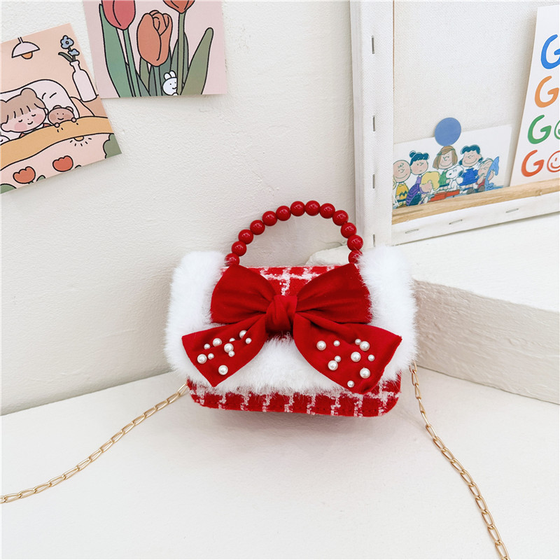 Bolsa de moda de perlas para niños otoño y invierno Año Nuevo para niñas bolsas de hombro de tela arco