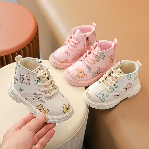 Ermian warm baby girl cartoon bear leather boots  autumn and winter new style boys and girls Martin boots cute short boots trendy