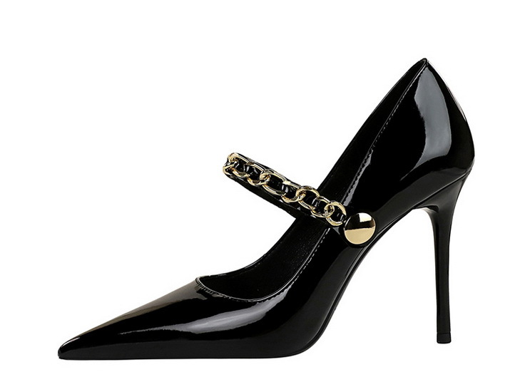 High heels women's shoes slim heels patent leather shallow mouth pointed metal chain line with single shoes_voghion.com