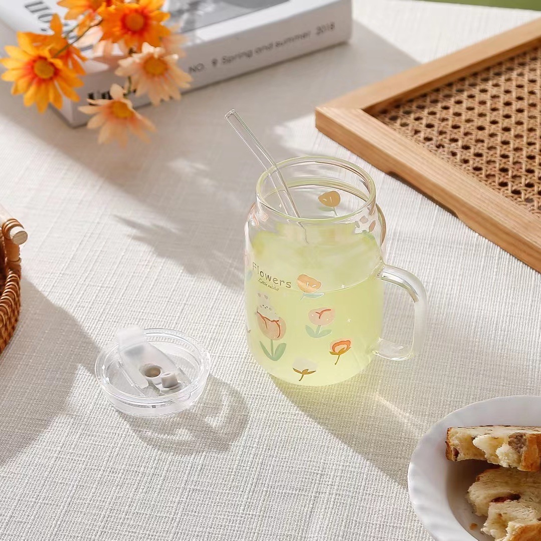 Taza de animales de flores frescas creativas con tapa taza de paja regalo Taza de oficina taza de vidrio de alta apariencia