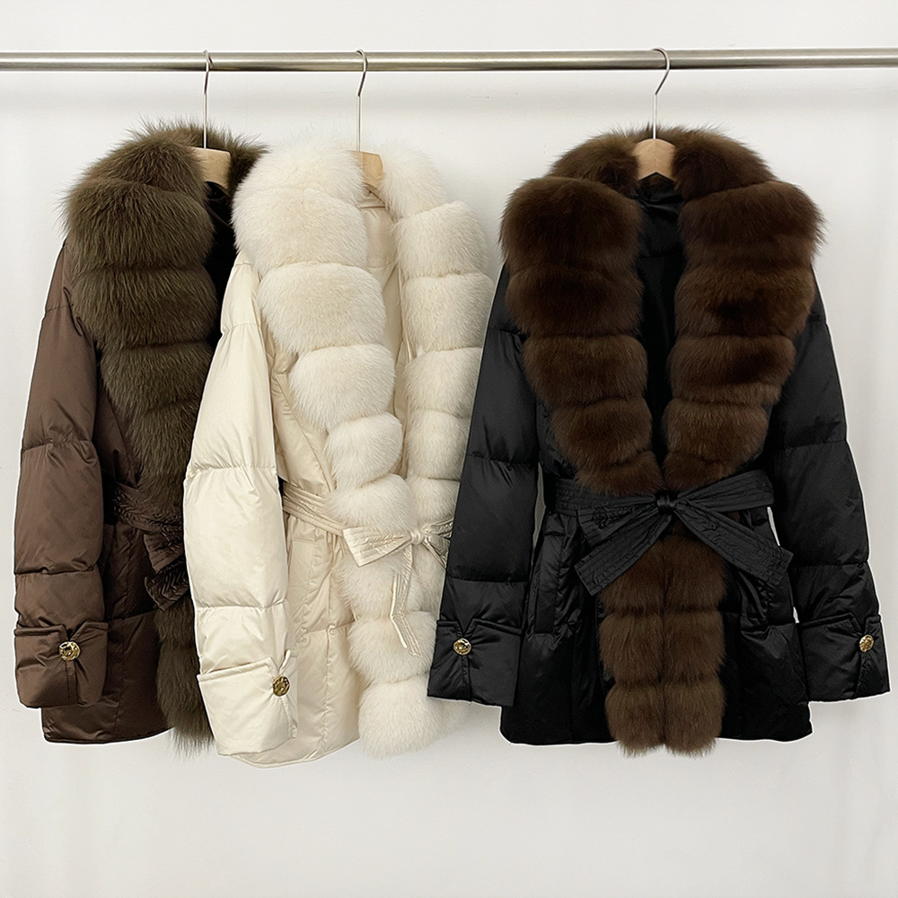 Oversized Fox Fur Collar 2025 Winter New down Jacket Women's Lace-Up Waist High-End Noble down Fur Jacket