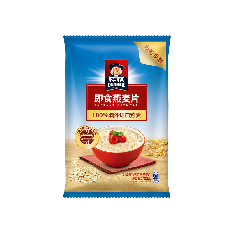 Похоже, что это название бренда и продукта на английском: (QUAKER) Instant Oatmeal Original Cereal Nutritional Breakfast Coarse Grain Drink Free Cooking Meal Replacement Wholesale