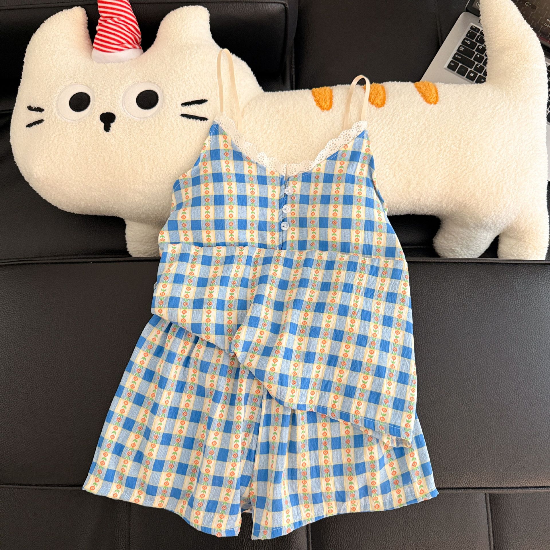 Pantalones cortos con cojín de pecho al por mayor transfronterizo pijamas de verano nuevo algodón nublado dulce conjunto de ropa de casa a cuadros