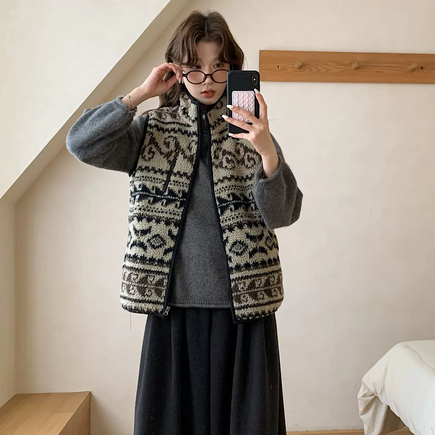 [本初]复古费尔岛花纹摇粒绒立领马甲叠穿高级感上衣羊羔毛背心女