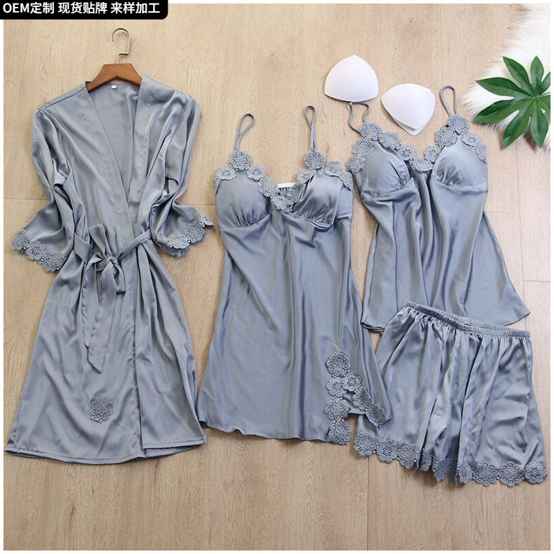 La primavera y el verano sexy sensación fresca cabestrillo cómodo Camisón con almohadilla en el pecho pijamas camisón de las mujeres traje de cuatro piezas desgaste del hogar