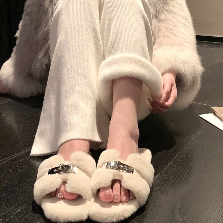 网红毛毛拖鞋女外穿2025秋冬季新款厚底一字拖小香风潮流毛绒拖鞋|undefined