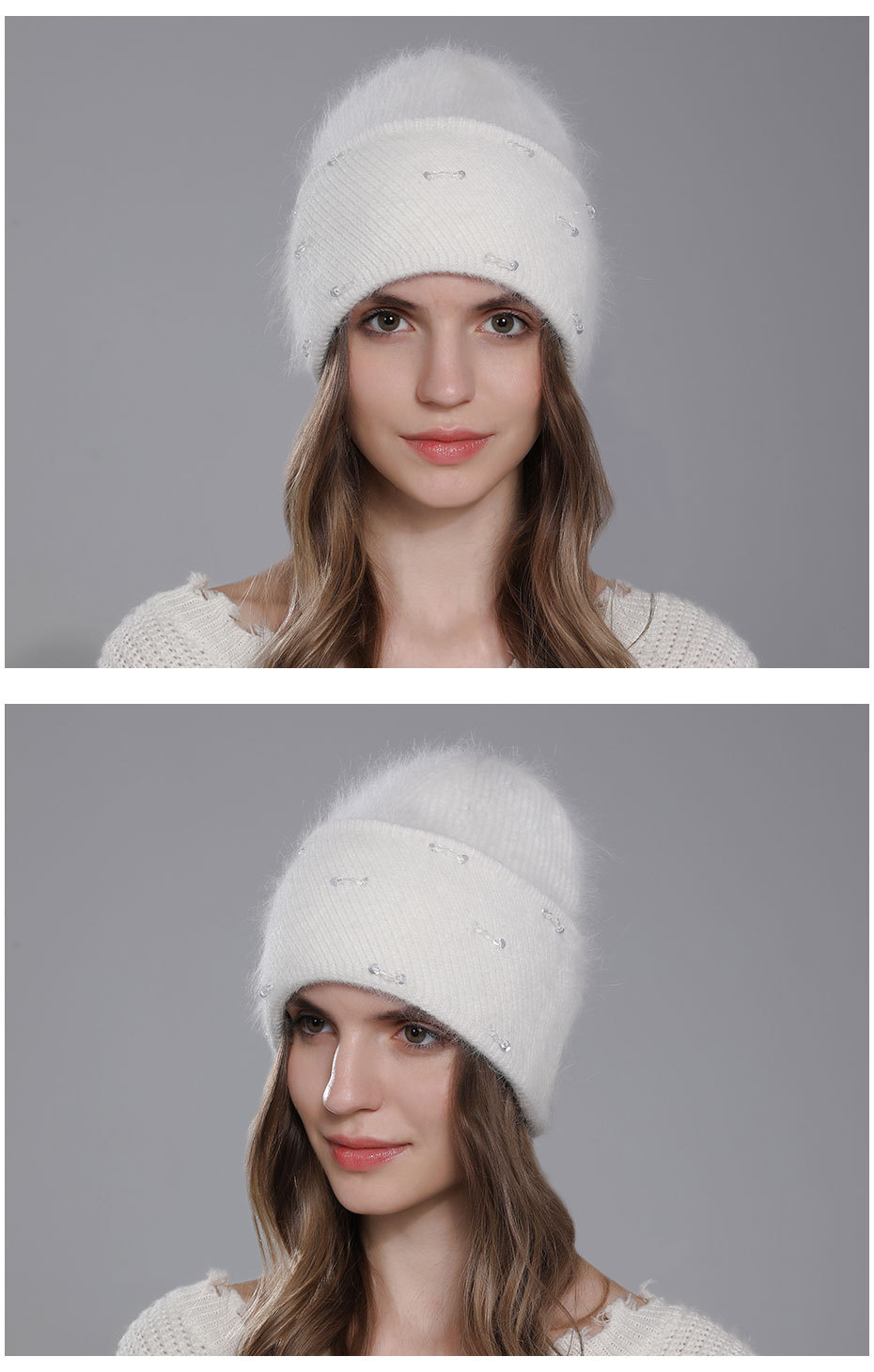 Poils de lapin tricotés pour enfants, mode chaude d'hiver. La laine est polyvalente pour les femmes avec des bords retournés et un double pli_voghion.com