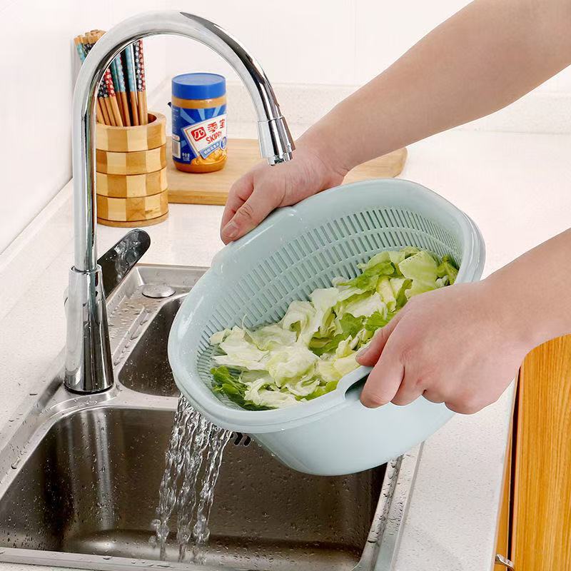 Canasta de drenaje de doble capa para uso en la cocina, lavado de verduras, melones y frutas con tapa, canasta de almacenamiento de drenaje cuadrada a prueba de polvo