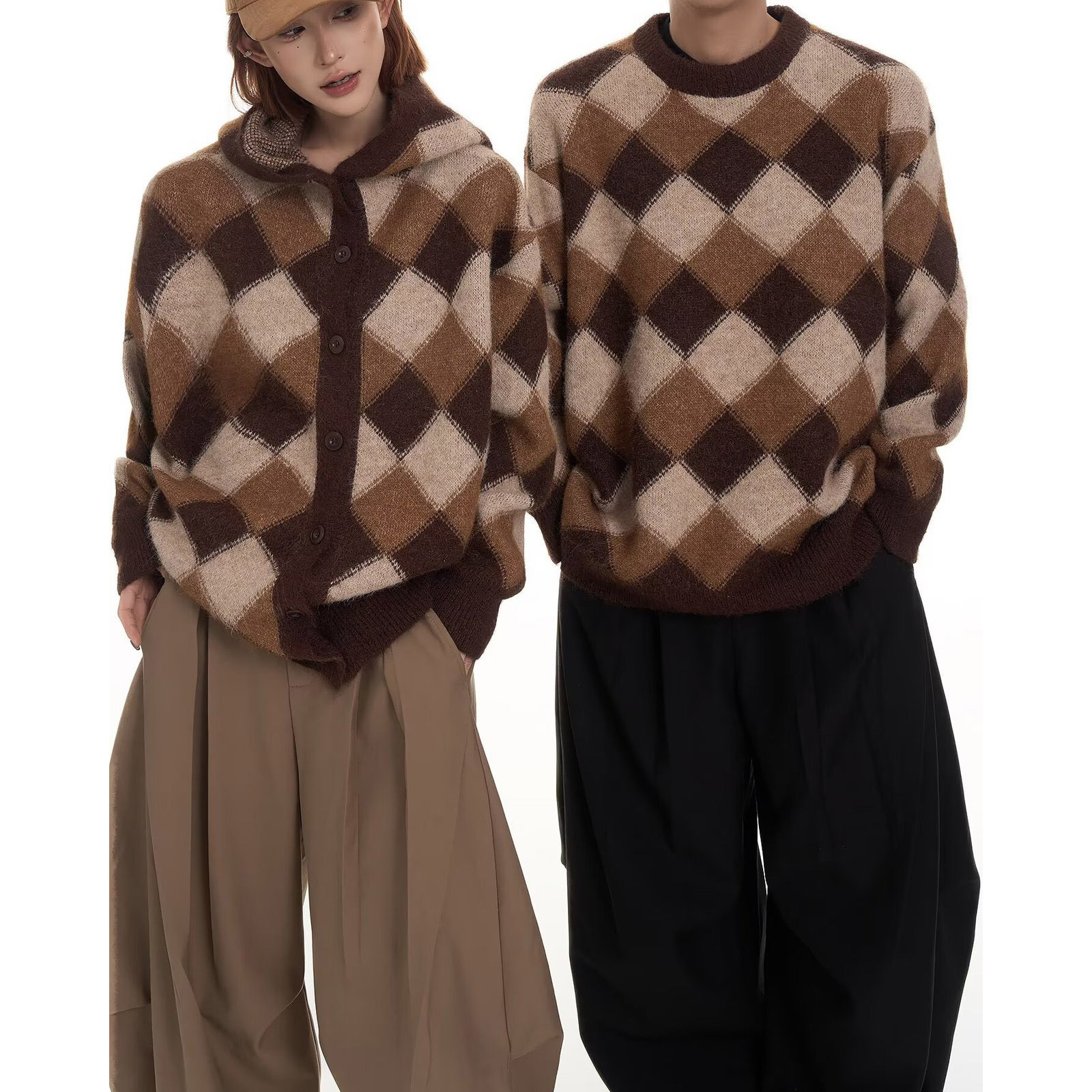 Explosiones transfronterizas de tamaño europeo gran tamaño Maillard jersey jersey de cuadrícula de diamante suéter pareja hombre cardigans fábrica de cuello redondo al por mayor