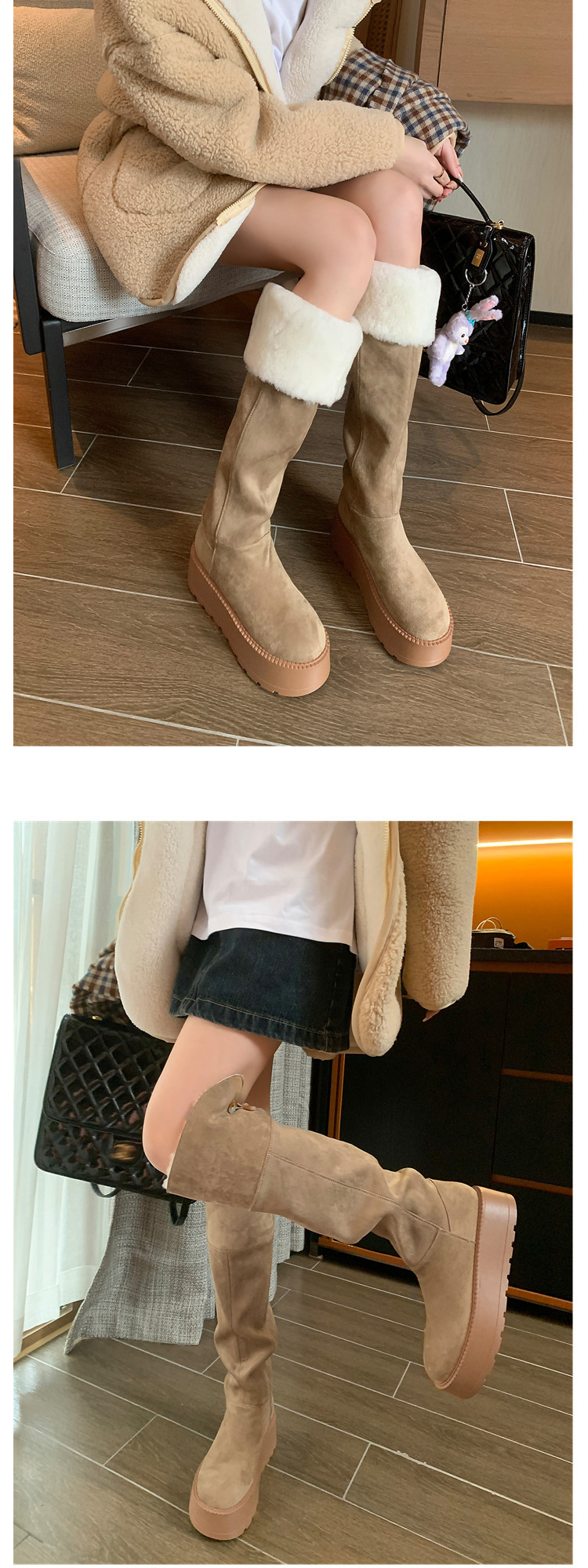 Boot nữ cổ cao lông cừu ấm áp đế dày tăng chiều cao — màu đen chi tiết 12