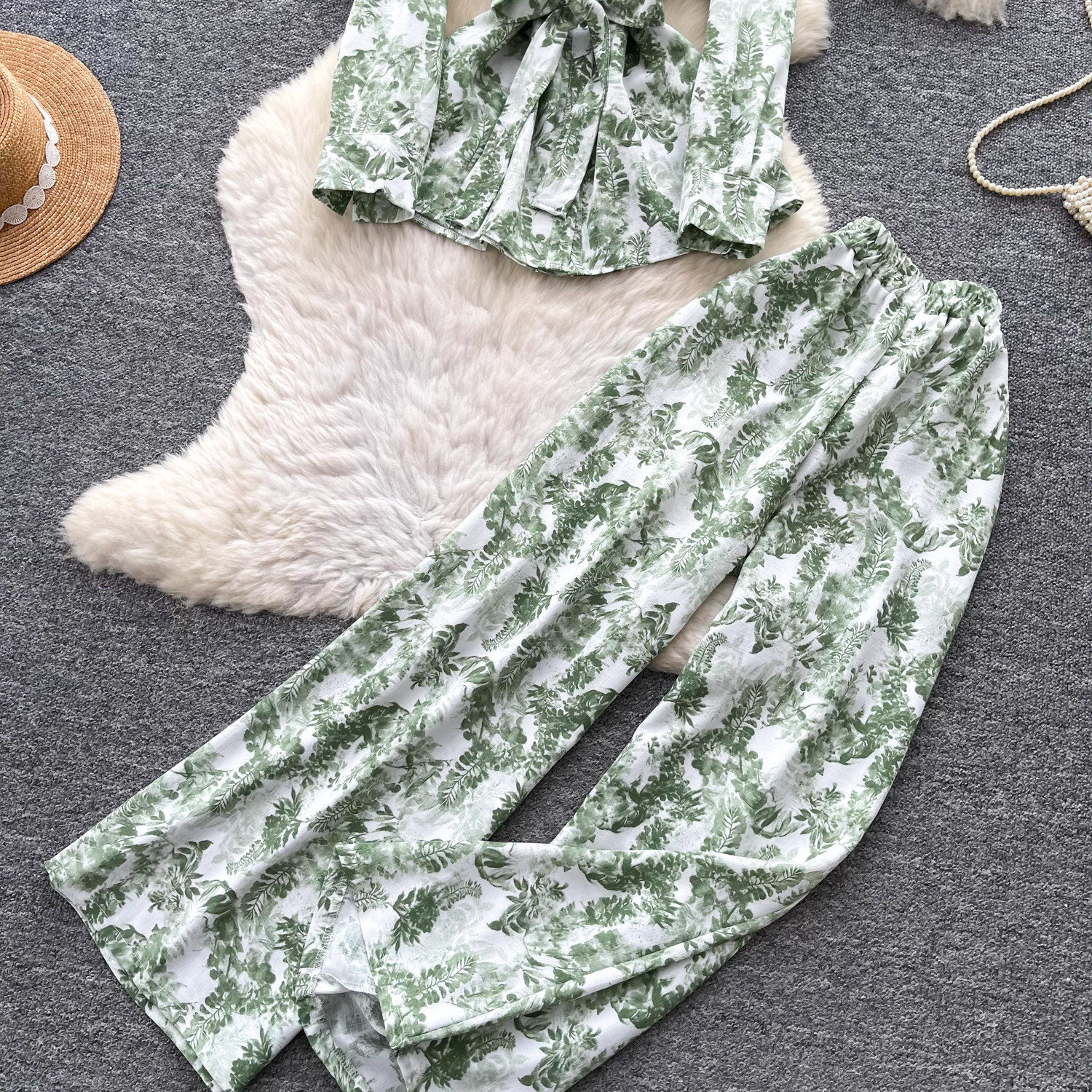 Women's Sophisticated Elegant Two Piece Set Autumn Tie up V Neck Top High Waisted Wide Leg Pants Slimming Stylish Look_ecoleips.com
