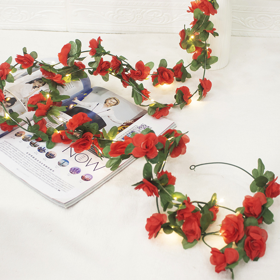 Simulación rosa lámpara de ratán decoración de ratán hotel de flores enrollado falso arte floral seda luz de colores luz intermitente decoración luz de alambre de cobre