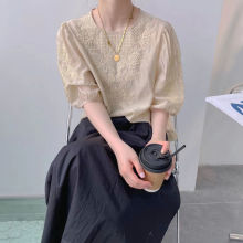 欧洲站重工刺绣蕾丝衫短袖女2024夏季新款时尚泡泡袖上衣洋气小衫